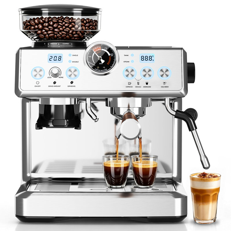 Machine à espresso à double chaudière avec moulin intégré, contrôle PID et buse à vapeur, acier inoxydable