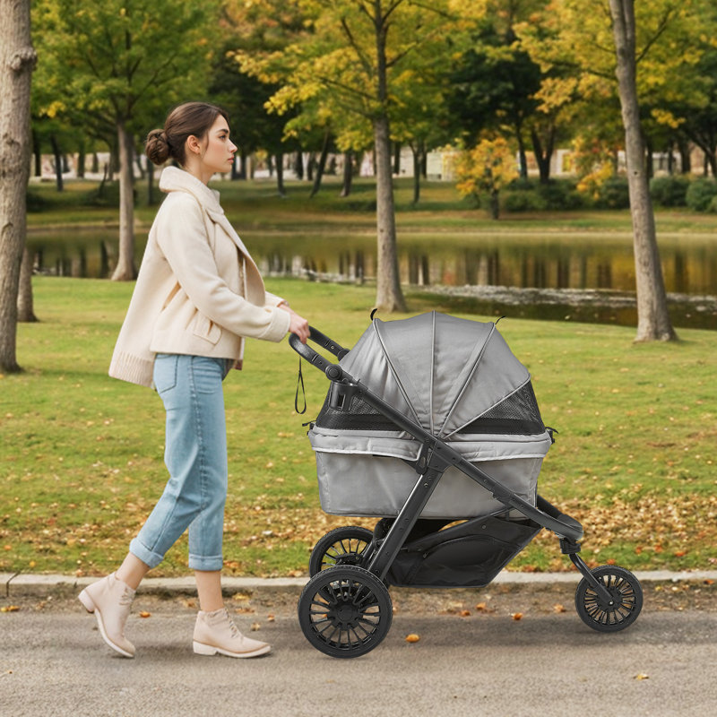 Gray Large Pet Stroller with Adjustable Handle and Storage