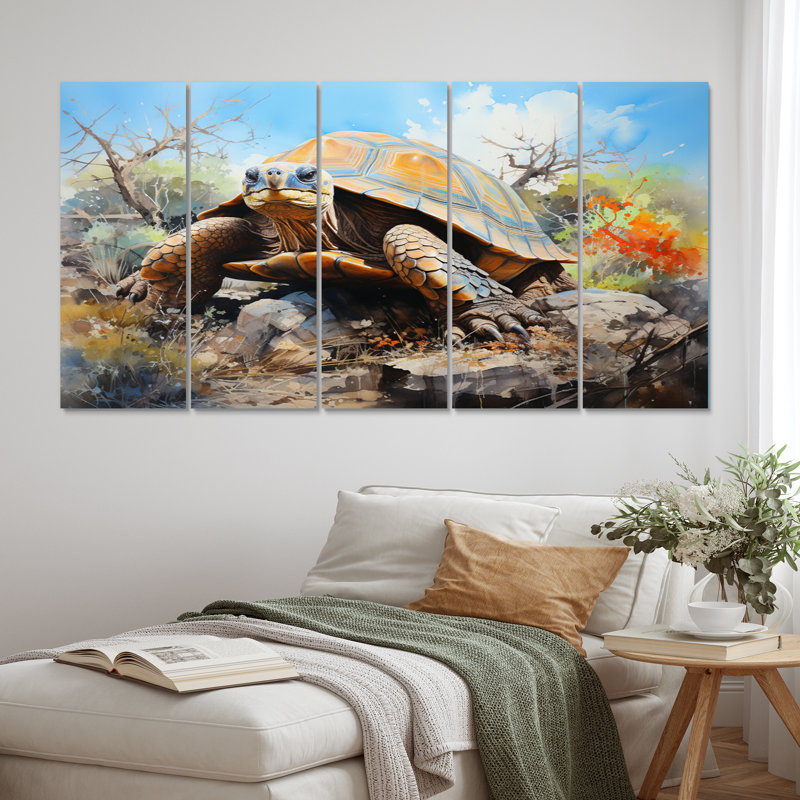 Tortue sur terre I - décoration murale animaux - 5 panneaux égaux