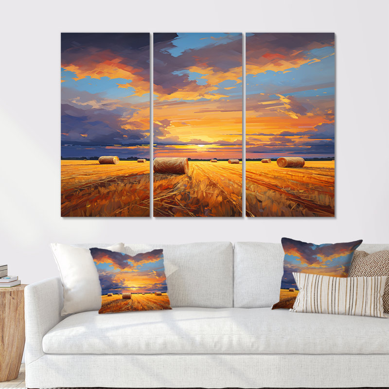 «Straw Bales On The Summer Sunset», ensemble d'art mural prairies, Toile tendue, H 32 po x l 48 po x P 1 po