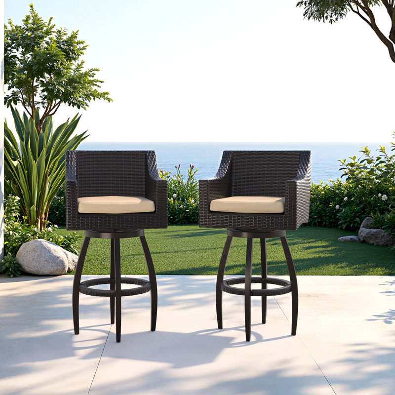 Fionnula 30" Patio Bar Stool With Sunbrella Cushion Covers, Canvas Heather Beige Sunbrella® Canvas