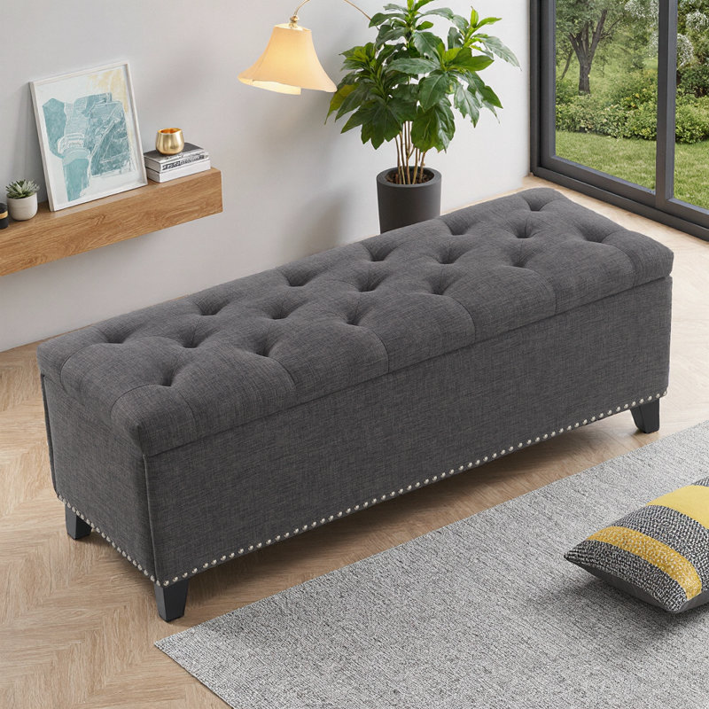 Repose-pieds de rangement de 47,5 po avec charnière de sécurité - Banc capitonné en lin - Capacité de 500 lb, Compartiment caché - Siège d'entrée, Repose-pieds de bout de lit, Décoration de salon - Assemblage facile