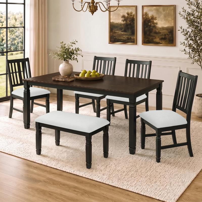 Ensemble de salle à manger extensible 6 pièces, table de salle à manger rectangulaire en placage avec rallonge amovible, 4 chaises et banc rembourrés, maison de campagne moderne, salle à manger