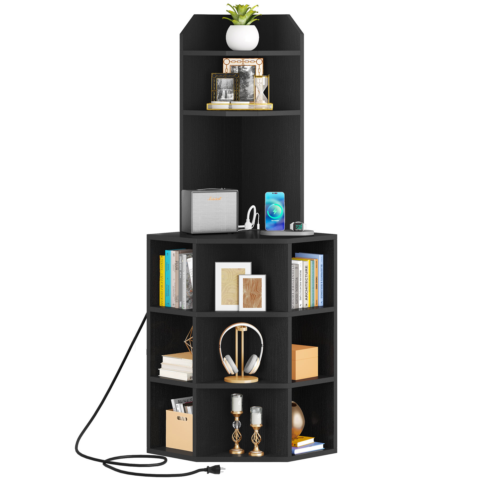 The Twillery Co.® Darley 26.2" W Wood Corner Bookcase with Charging Station & Compartments & Reviews | Wayfair