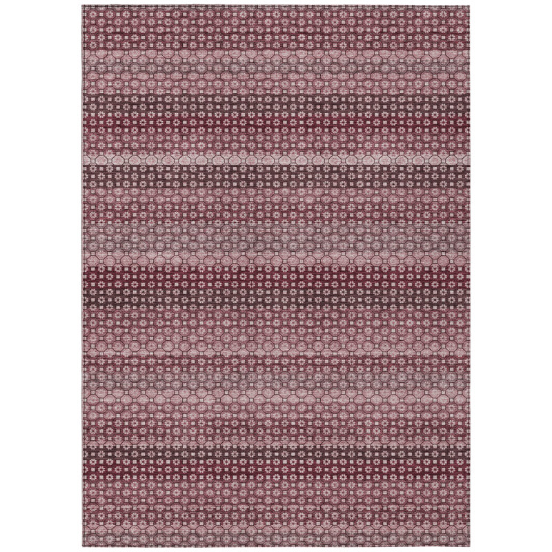 10' X 14' Red And Burgundy Striped Washable Indoor Outdoor Area Rug