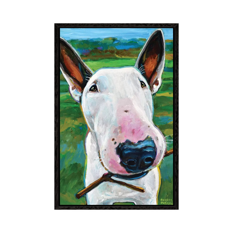 Bull Terrier with Stick 1 Piece Wall Art on Canvas, 101.6 cm H x 66.04 cm W, Black Framed