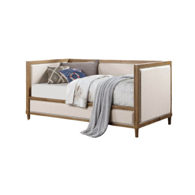Beige Fabric Upholstered 1Pc Day Bed Light Oak Bed Frame Nailhead Trim Bedroom Furniture Mattress Ready Twin Day Bed