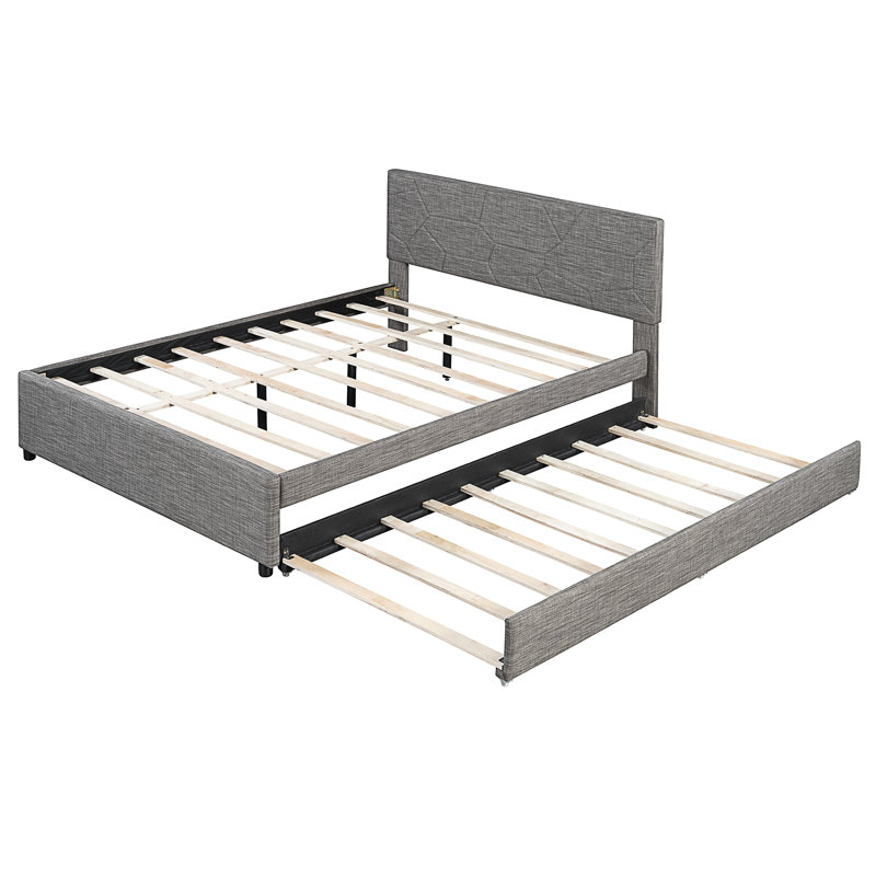 Lit plateforme tapissier avec tête de lit à motif brique et lit gigogne de taille XL, Gris