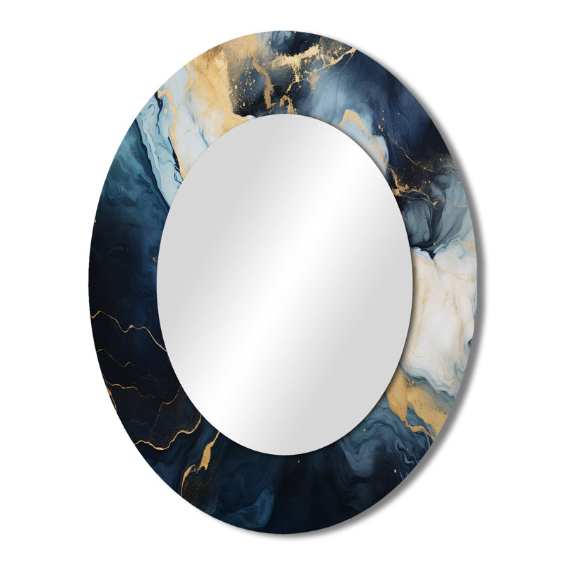 Or et bleu, peinture abstraite en marbre IV - miroir décoratif ovale abstrait sur métal, 43 po x 33 po