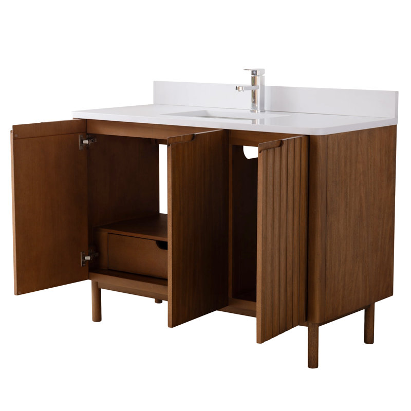 Meuble-lavabo sur pied moderne Tennant Brand de 48 pouces, couleur chêne chaud brun fumé, lavabo simple, comptoir en quartz blanc, entièrement assemblé