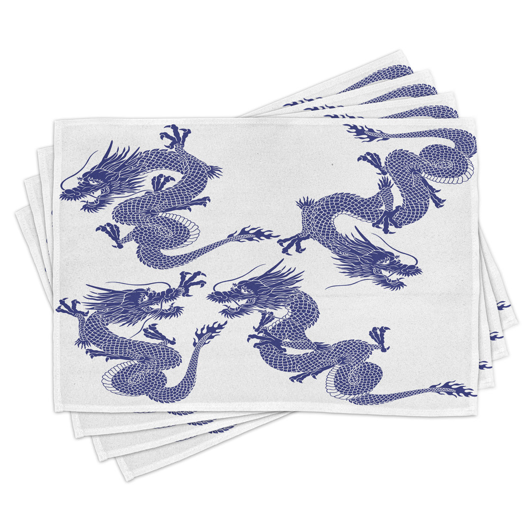 Platzdeckchen 4er Set, Japanische Drachen Mythisch, Blau