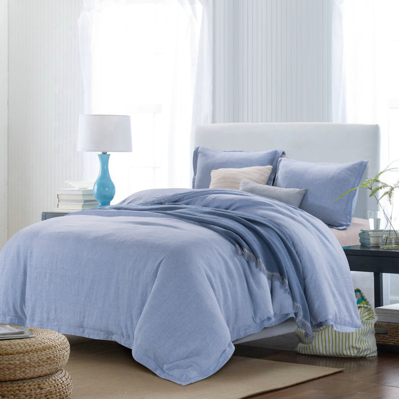 Ensemble de housse de couette en lin pur lin délavé à la pierre, Housse de couette très grand + 2 taies décoratives, Bleu
