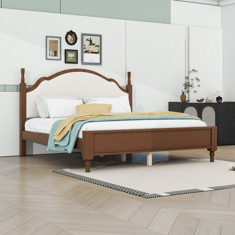 Wood Platform Bed with Upholstered Headboard, King, Brown/Beige