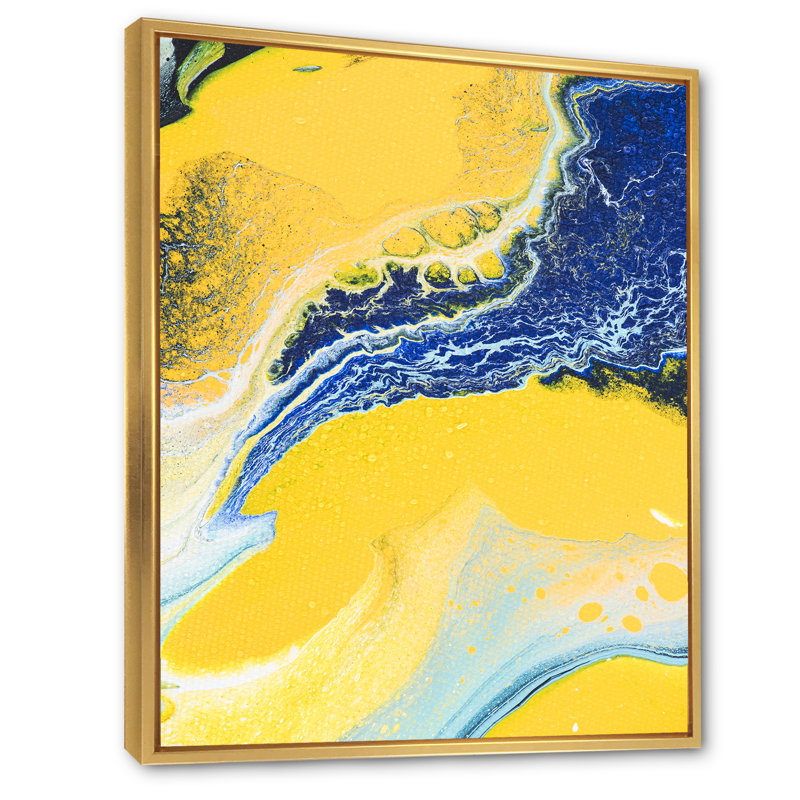 Composition abstraite en jaune et bleu VII - peinture sur toile, Cadre flottant doré, H 32 po x l 24 po x P 1 po