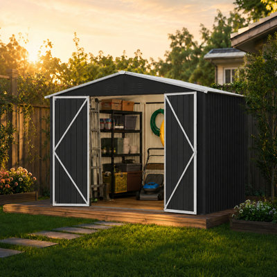10 ft. W x 10 ft. D Black Outdoor Metal Storage Shed with Lockable Double Doors, 4 Air Vents and Sloped Roof