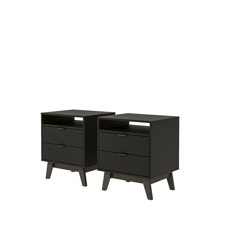 Norlin 2-Drawer Nightstand Set – Modern Bedside Tables for Bedroom or Living Room (Set of 2), Black