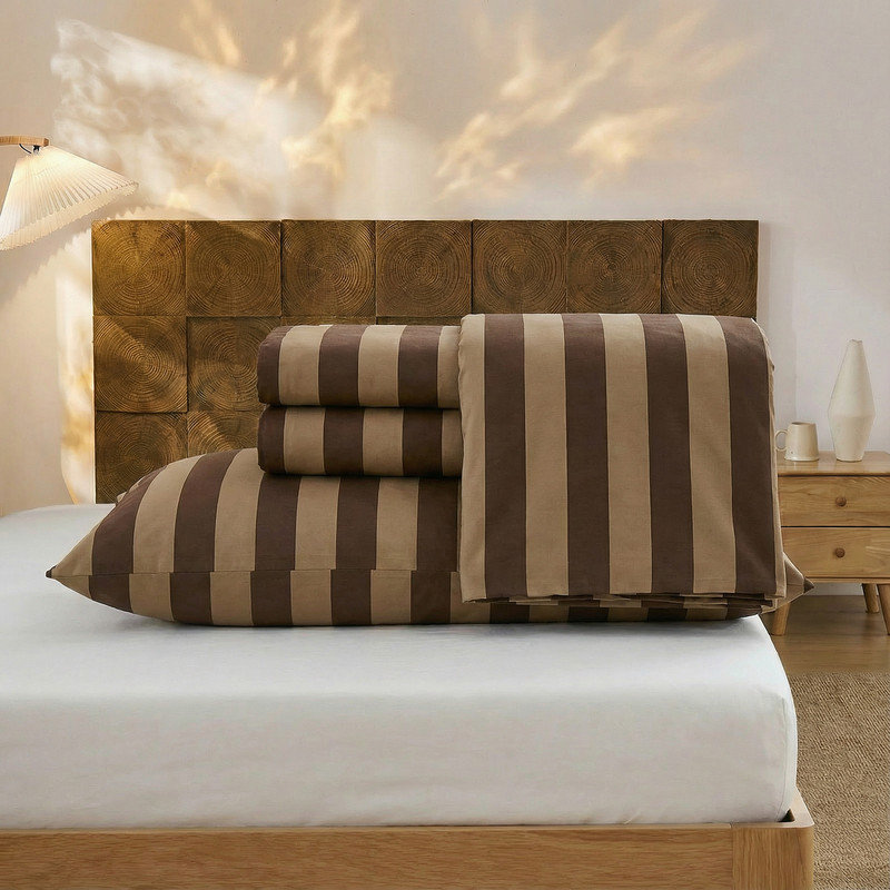 100% Cotton Sheet Set King Size - Brown and Khaki Stripes Bedding, Soft Breathable Percale Weave, Wide Stripe Deep Pocket Sheet 17.5", Luxury Linen Like, 4-Piece All Season Bedding