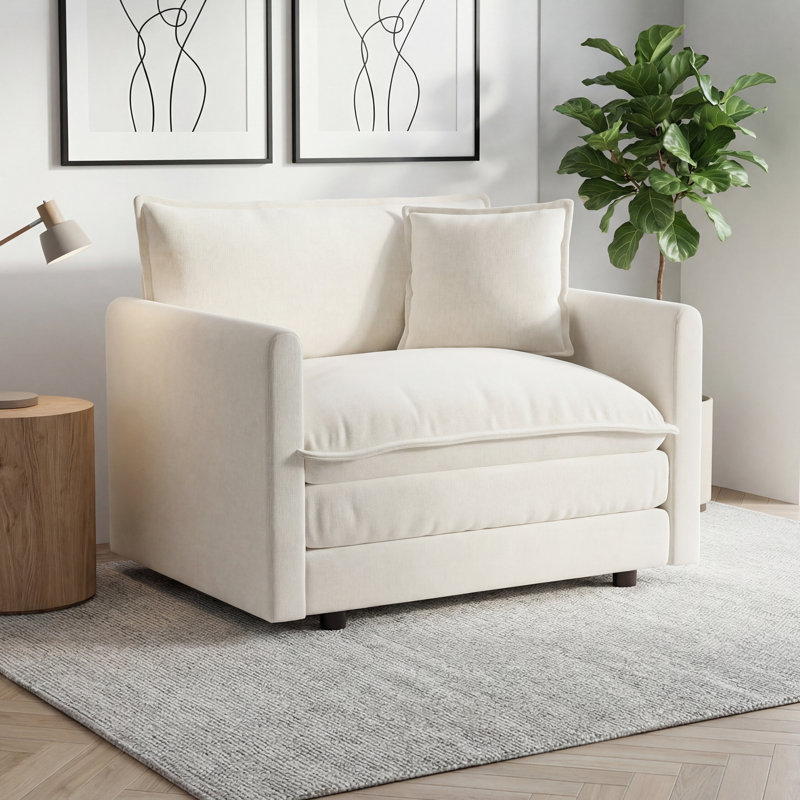 Canapé de 41 po à assise simple en chenille avec coussin profond et coussins décoratifs de 41 po de profondeur, Blanc