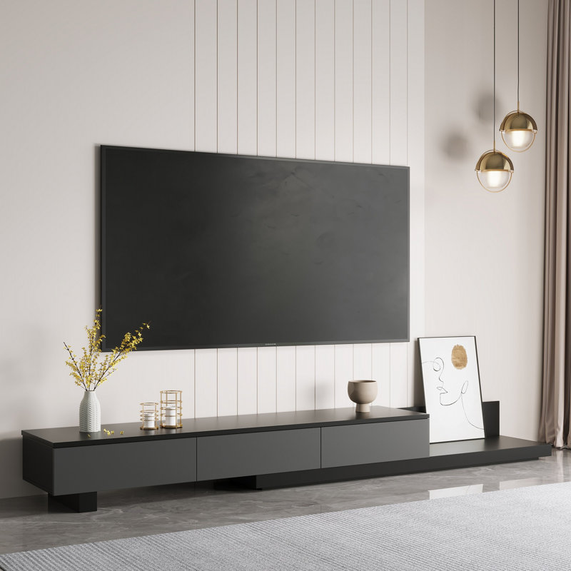 Meuble télé extensible pour téléviseurs de 85 po ou moins avec tiroirs de rangement Kesort, Gris / Noir