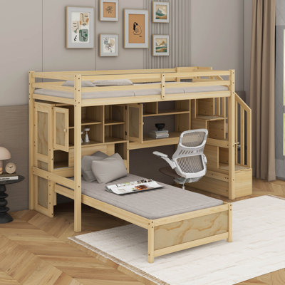 Lit mezzanine simple au-dessus de simple avec bureau et escalier