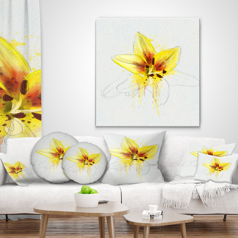 Merveilleux croquis de fleur de lys jaune - coussin imprimé floral, 16 po x 1 po, Carré