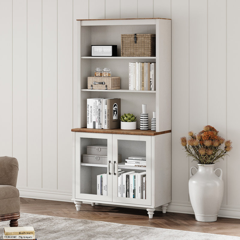 Scarlett 72.1"H X 33.9"W Flesh-Colored Bookcase With Doors, 5 Tier Bookshelf, 72'' Tall Book Case Shelf With Glass Storage Cabinets, Large Bookcases Farmhouse Bookshelves For Living Room Bedroom Home Office Kitchen, 34''