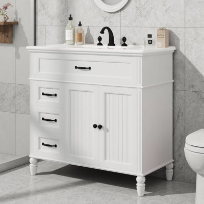 Rustic White 36" Freestanding Bathroom Vanity with Ceramic Sink & Soft-Close Storage