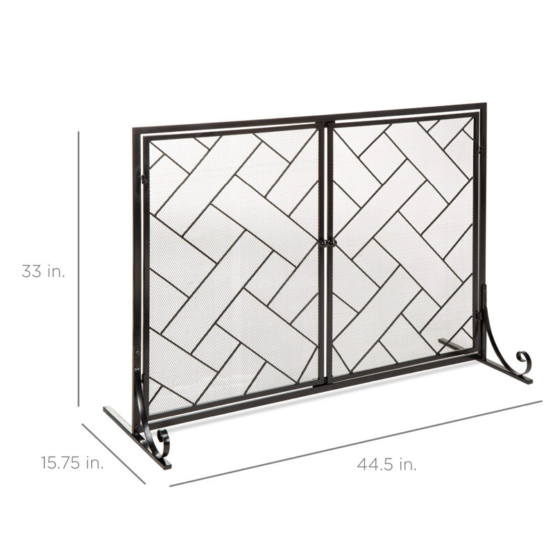 Black Wrought Iron Geometric Fireplace Screen with Magnetic Doors