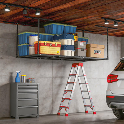 3x6 Adjustable Garage Ceiling Storage Rack, 72"L x 36"W (22"-42"H), 500 lbs Capacity, Heavy-Duty Overhead Organizer with DIY Installation, Black, Classic Series