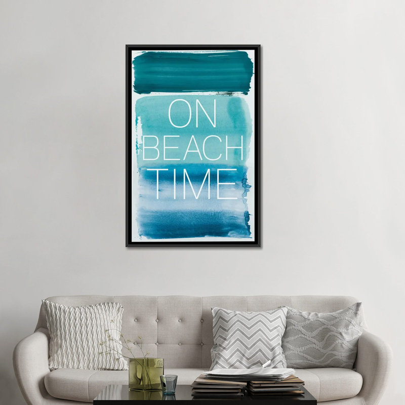 «On Beach Time», art textuel sur toile, H 26 po x l 18 po x P 1,5 po, Toile avec cadre noir, Pas de tapis