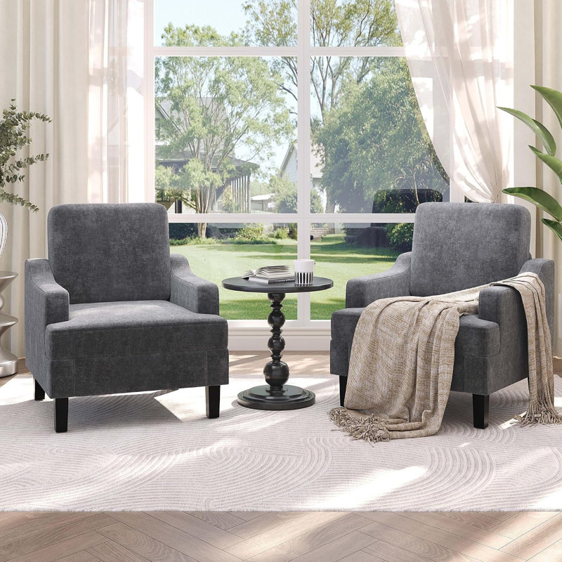 Chaise d'appoint en chenille Mid-Century moderne, fauteuil de lecture confortable, structure en bois robuste et en fer, Gris
