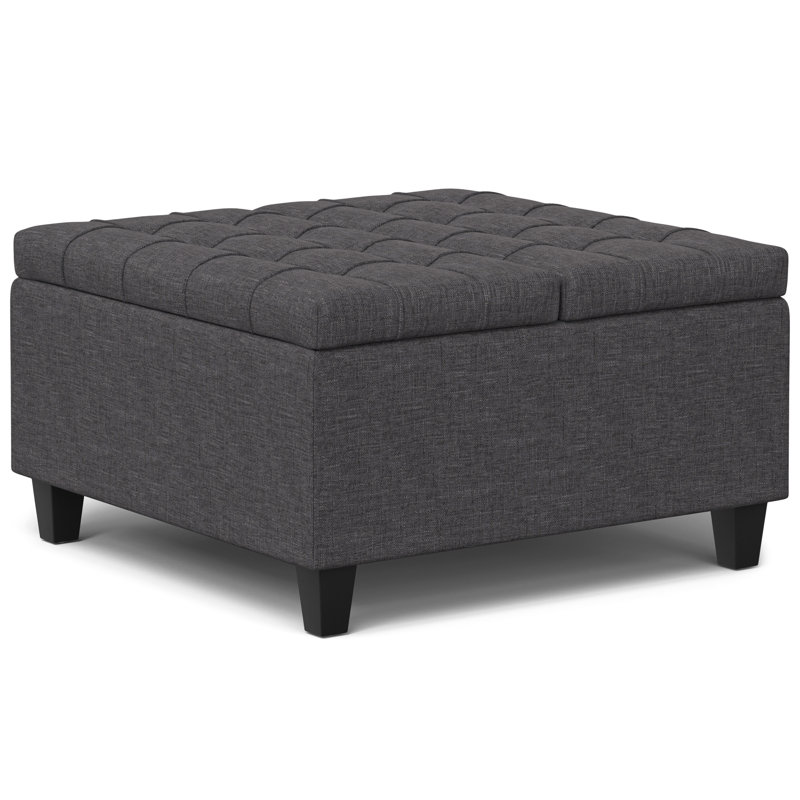 Repose-pieds carré avec rangement caché Harrison, Tissu aspect lin gris foncé