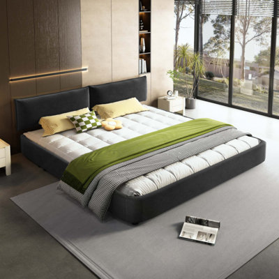 Cloud Bed Frame With Oversized Padded Movable Headboard, Chenille Upholstered Bed With Round Corner,Metal + Solid Wooden Slat Double Support,No Box Spring Needed