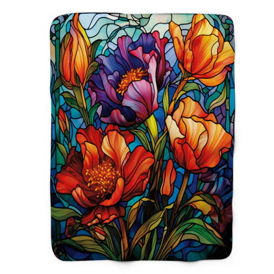 Fleurs en vitrail - couverture en sherpa de qualité supérieure 1 pièce