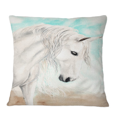 Portrait Of A White Horse With Long White Mane - Traditional Printed Throw Pillow