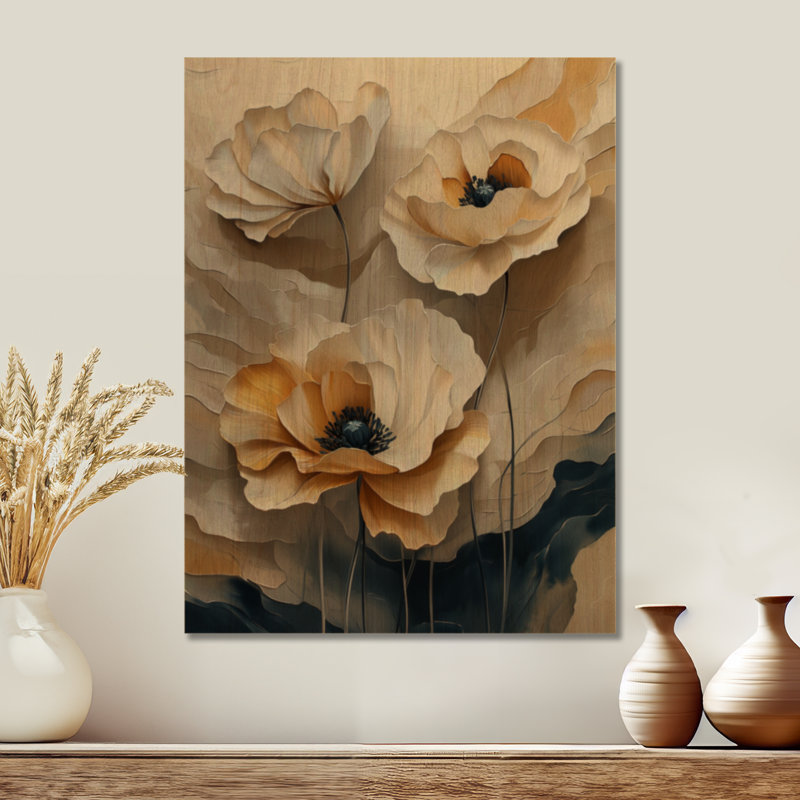Coquelicots de crème opulents II - Décoration murale florale en bois, H 32 po x l 24 po, Rectangulaire
