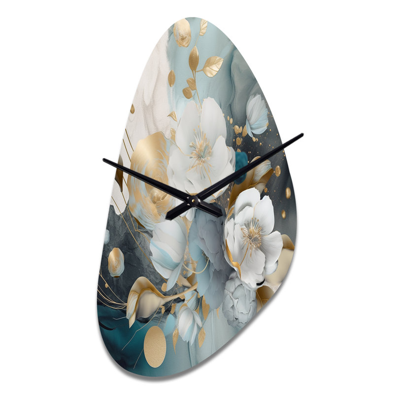Horloge murale à motif floral irrégulier - Impressions florales bleues et dorées bleues, Moyenne