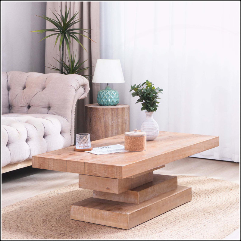 Table basse en bois rustique, style campagnard avec base en blocs empilés, mobilier de salon durable et élégant