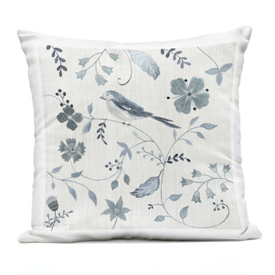 Flower Pattern with Bird Perched Outdoor Printed Pillow, design by Janet Tava