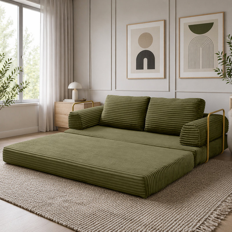 Canapé-lit convertible, canapé-lit pliant en velours côtelé, matelas de lit futon avec oreillers, Vert