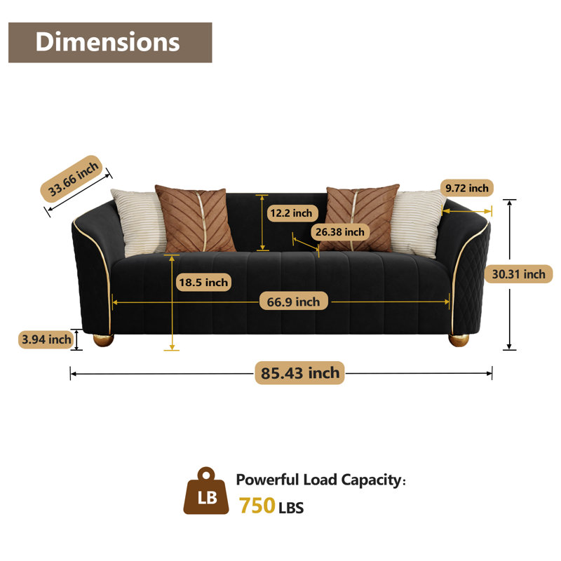 85.43" Upholstered Velvet Sofa, Black