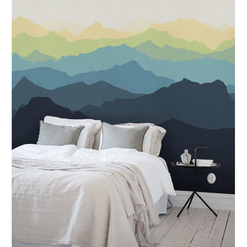 Ensemble de panneau de papier peint 5 pièces Mountain Mural, Bleu marine et jaune, l 120 po x L 96 po
