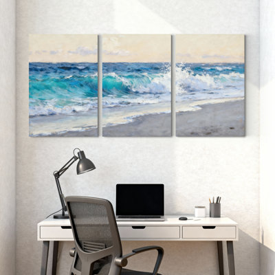 Ocean Waves Beach Scene Canvas Wrapped Wall Art Oil Painting Print Set of 3