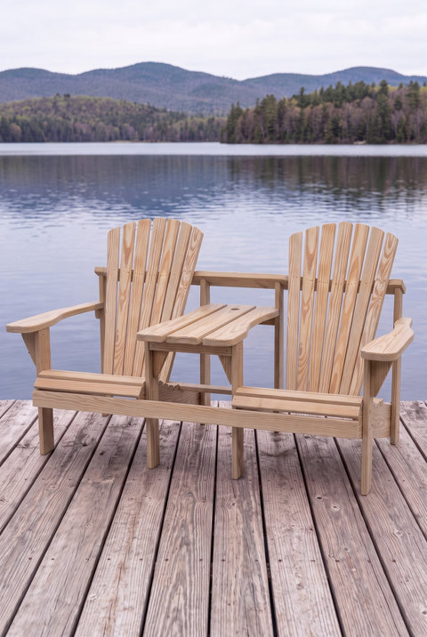 Banc Adirondack en bois naturel avec tablette intégrée sur un quai au bord d'un lac avec des montagnes en arrière-plan.