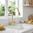 Single-handle, high-arc kitchen sink faucet with a dual-function pull-down spray; modern countertop-mounted kitchen mixer faucet, suitable for farmhouse-style kitchens.-122556124
