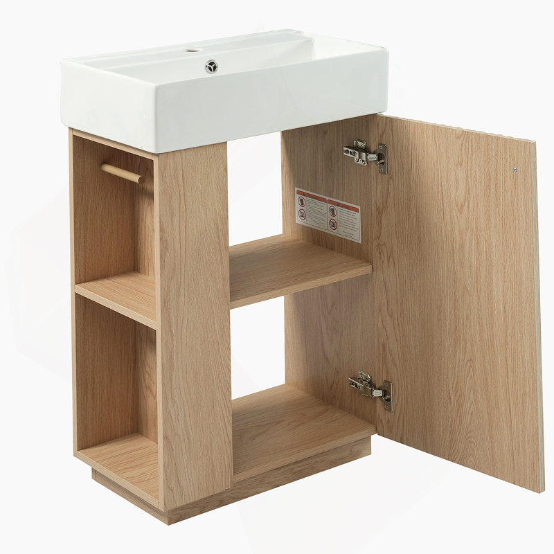 Meuble-lavabo de 21,6 po avec lavabo en céramique, armoire moderne autoportante à grain droit avec rangement ouvert et fermé pour les petites salles de bain
