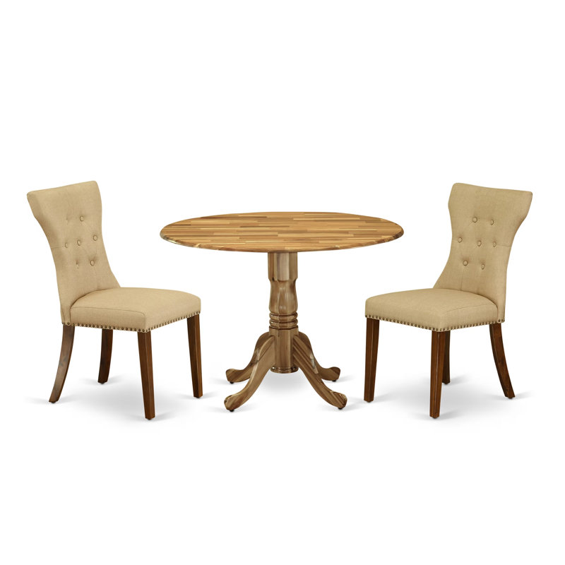 L'ensemble de table de cuisine 3 pièces pour petits espaces comprend une table de salle à manger ronde avec Dropleaf et 2 chaises rembourrées en tissu de lin brun, naturel