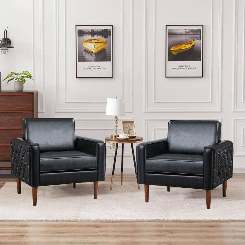 34.25" Wide Faux Leather Armchair with Button Tufted Design, Black 