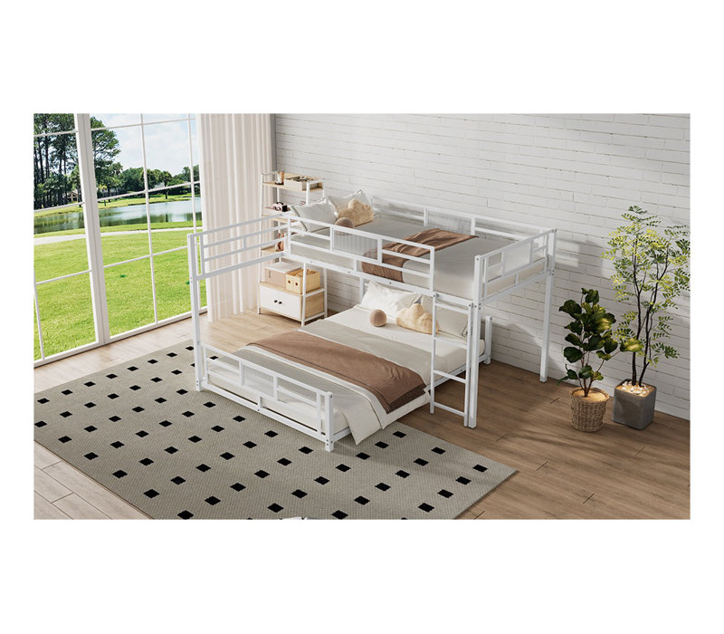 Lit superposé simple au-dessus de double en L avec échelle en L - Structure de lit mezzanine blanche pour enfants et adolescents