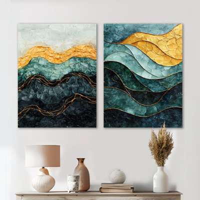 Abstrait doré émeraude brise de mer - plage dorée, ensemble de 2 reproductions d'art mural en métal